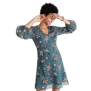 Madewell Floral Print‎ Long Sleeve Mini Dress Green Pink Size 12